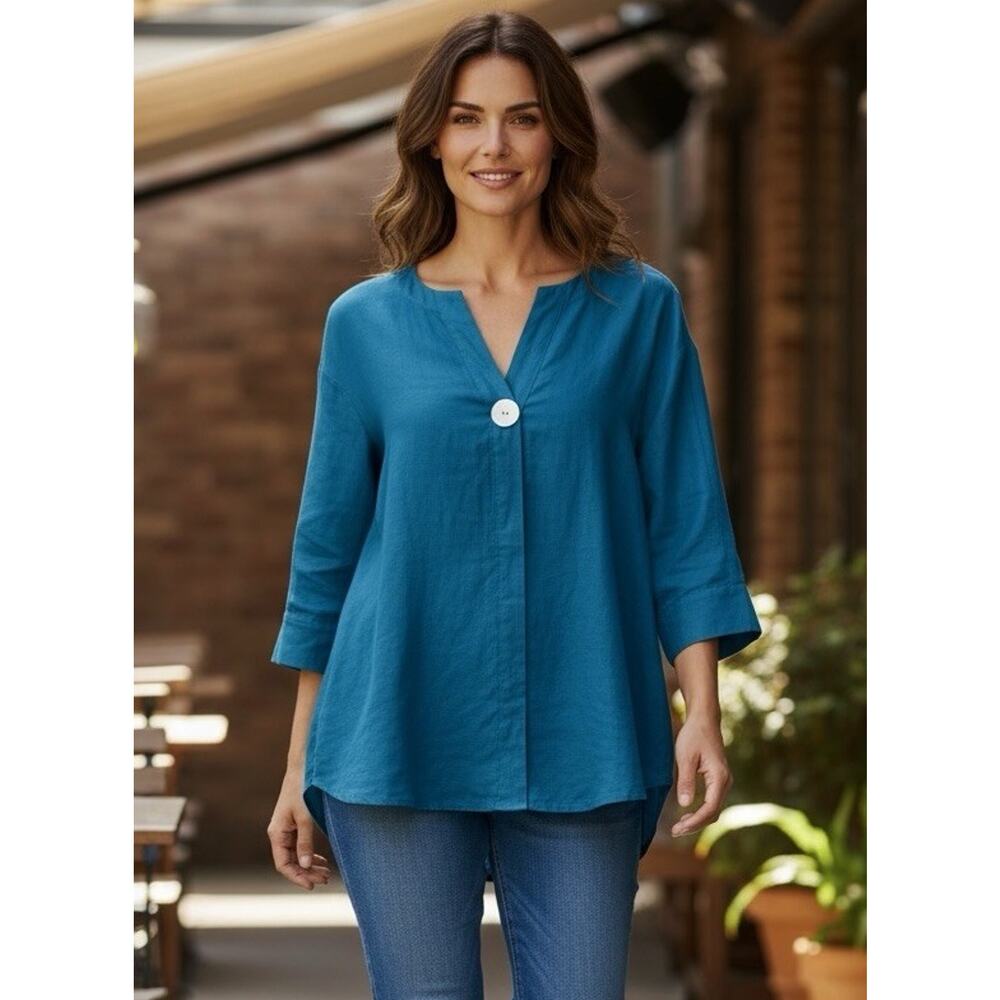 NWT Marc New York Size S Linen Viscose Tunic Teal Blue Mother Of Pearl Button